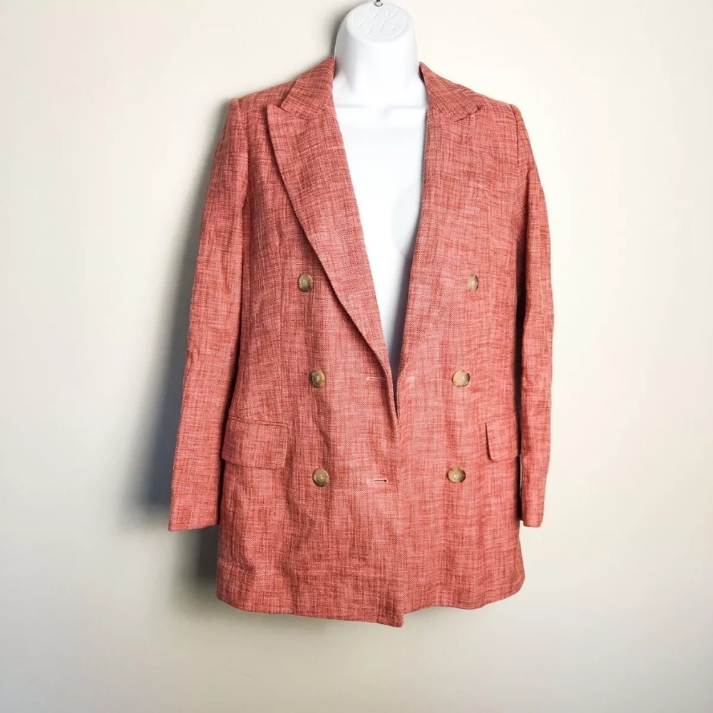 Aritzia Wilfred Margaux Tweed Blazer Pink GUAVA PINK/RUSTIC RED Euc